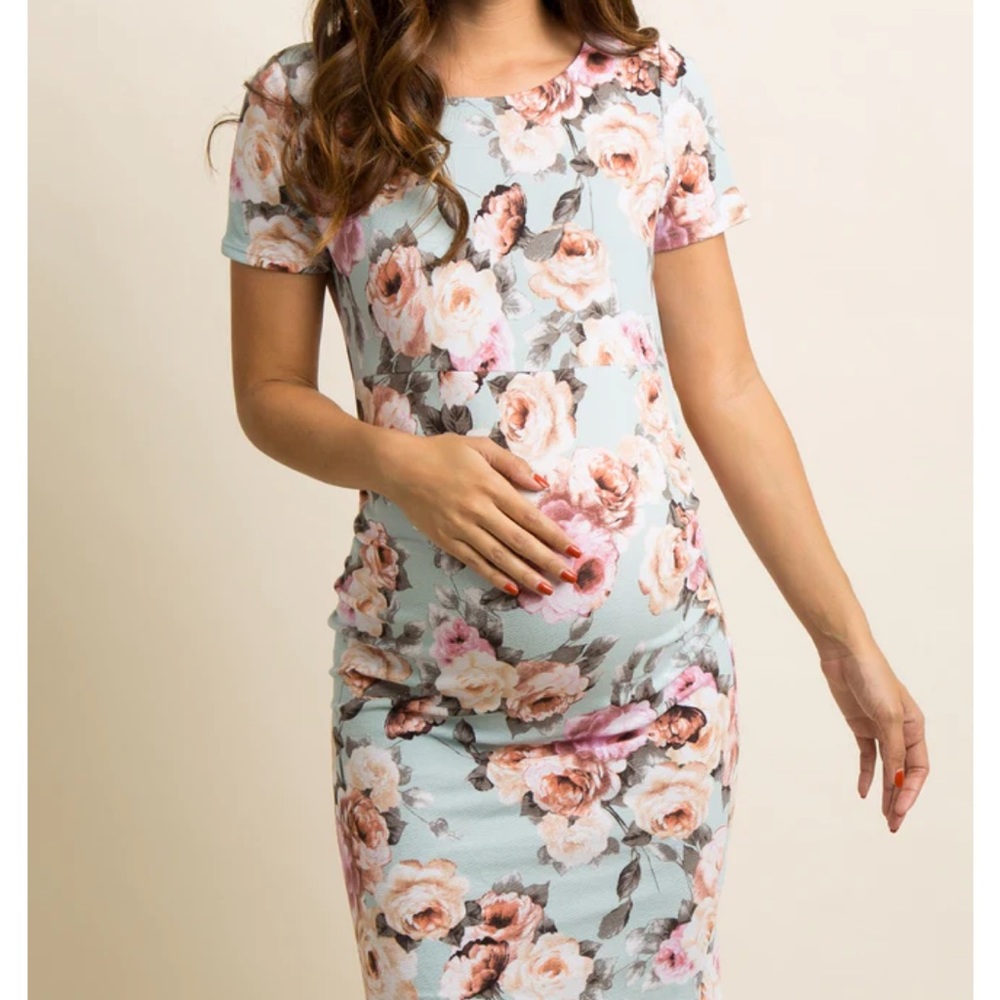 PinkBlush Light Blue Rose Fitted Maternity Dress- Size Small